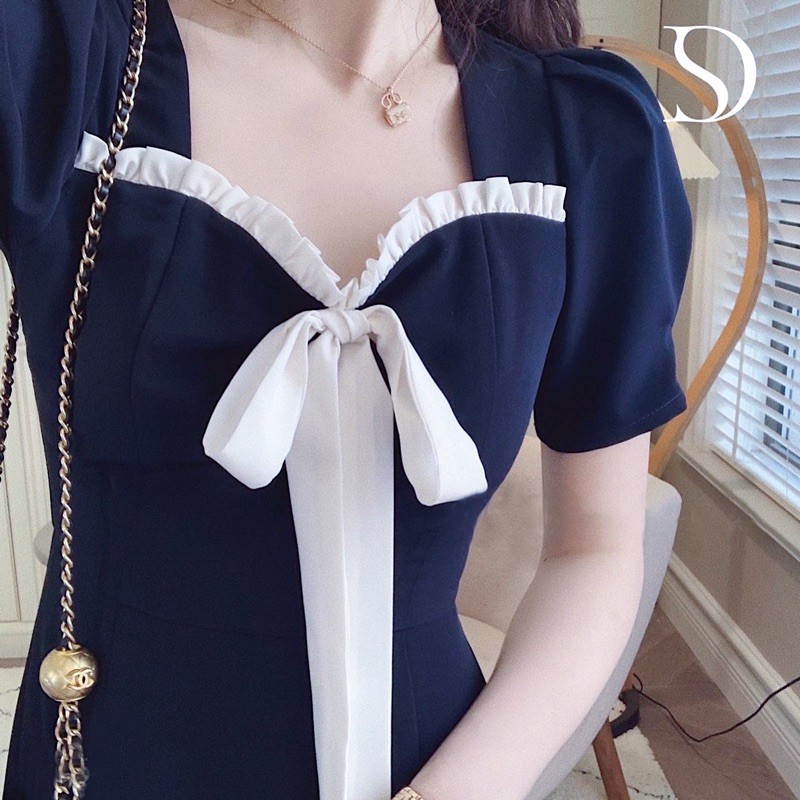 Đầm xanh đen phối trắng