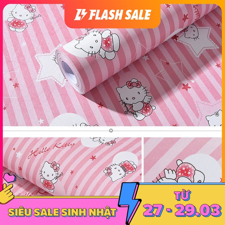 Cuộn 10m decal giấy dán tường Kitty sọc hồng khổ 45cm keo sẵn dán 4.5m vuông chất liệu PVC không thấm nước bền màu không độc hại