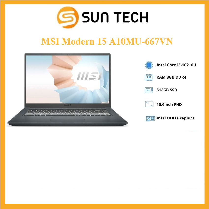 Laptop msi modern 15 a10mu-667vn (core i5-10210u/ 8gb/ 512gb/ intel uhd/ 15.6 inch fhd/ win 10/ xám - bảo hành 12 tháng