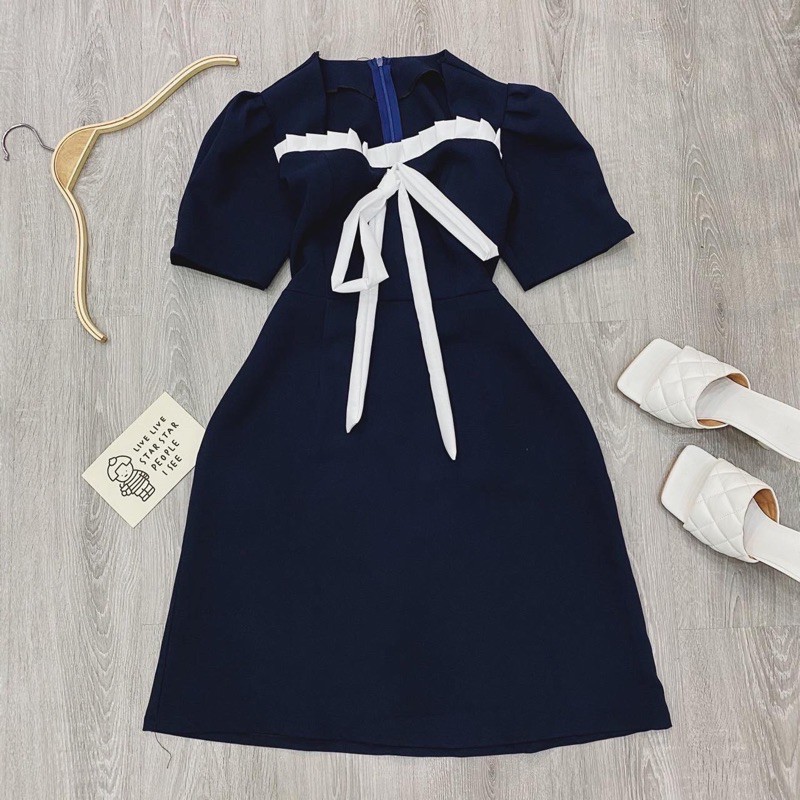 Đầm xanh đen phối trắng
