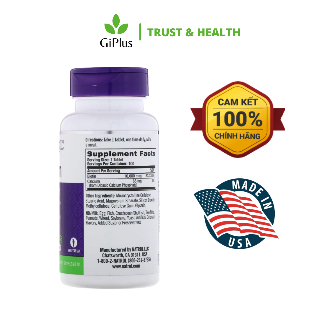 Viên Uống Hỗ Trợ Mọc Tóc, Móng Natrol Biotin 10.000mcg (100 Viên/Lọ)