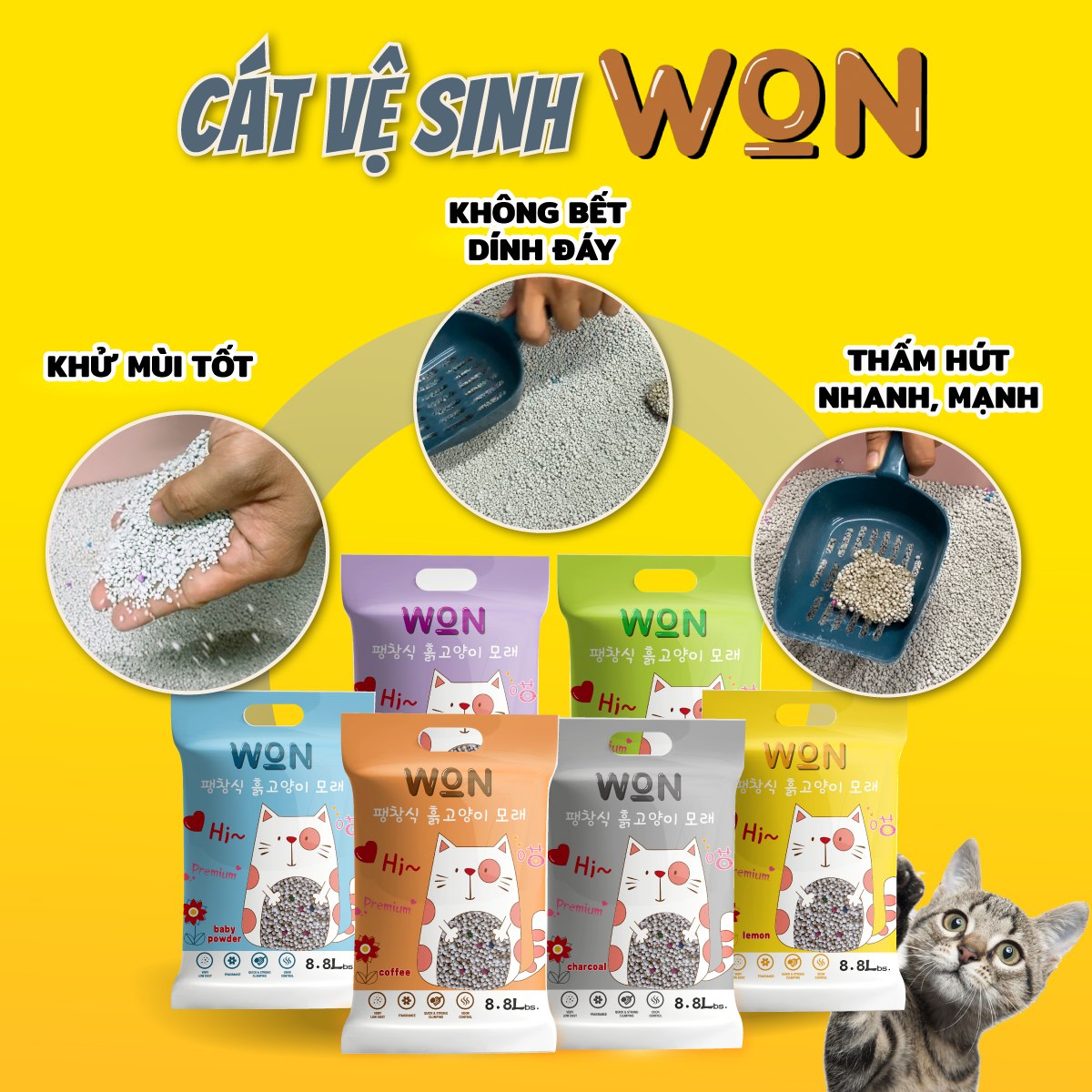 Cát vệ sinh cho mèo Won Hàn Quốc 8.8L mùi táo chanh cà phê lavender phấn em bé than hoạt tính khử mùi vón cục tốt ít bụi