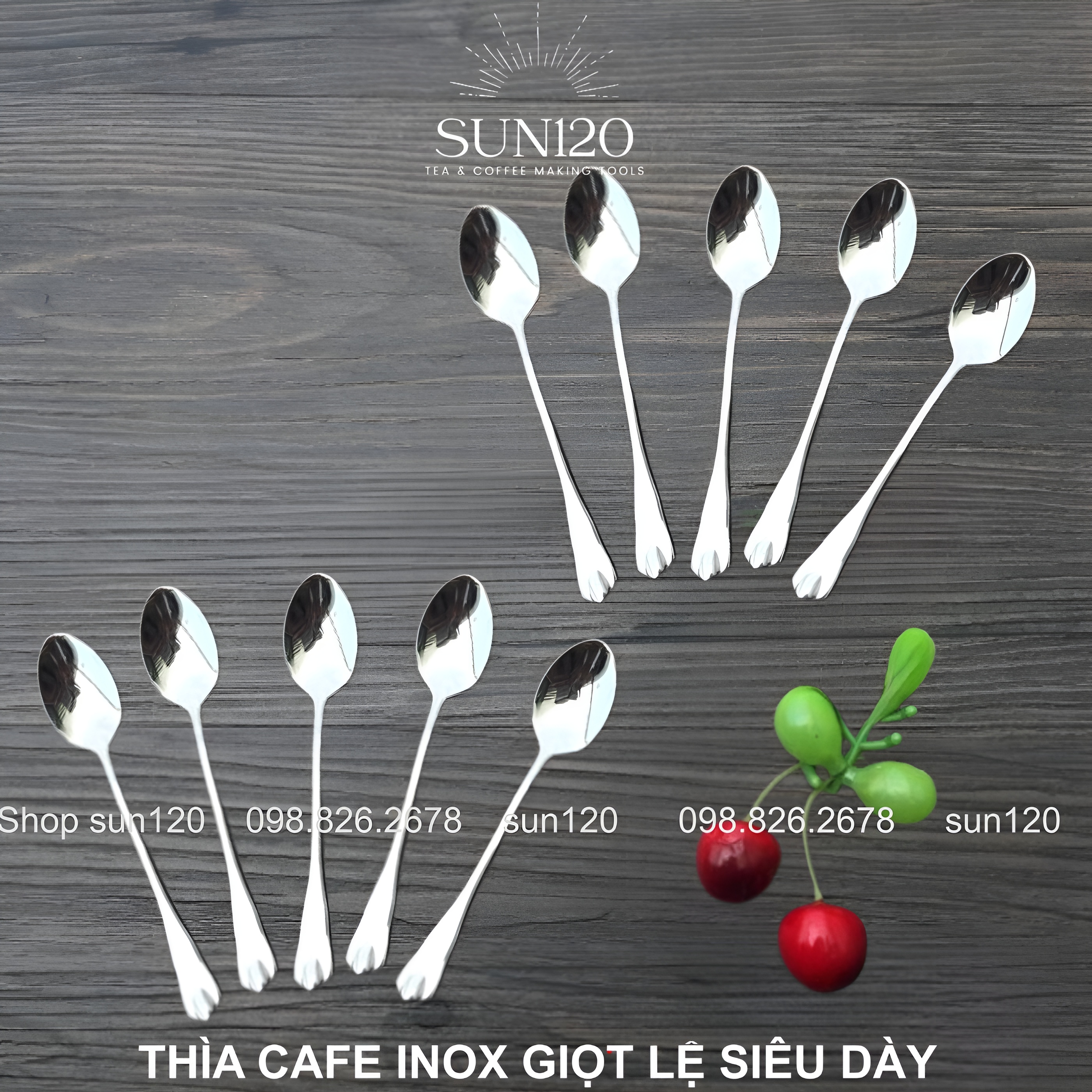 Set 10 thìa cafe inox dày đẹp sáng bóng Giọt nước, muỗng sữa chua GL1