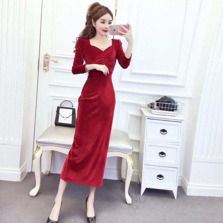 váy nhung dáng dài cổ rún
