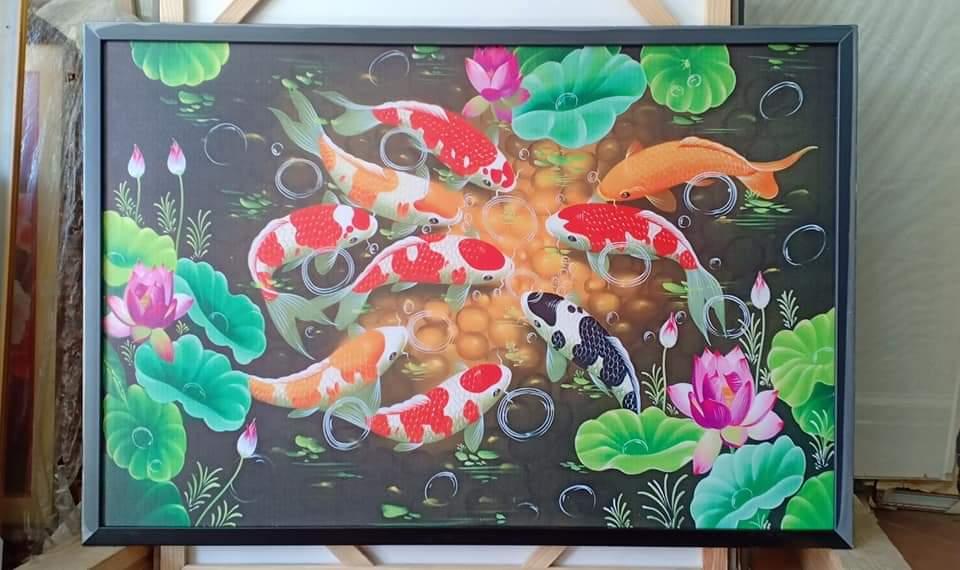 [HCM]Tranh canvas cá chép hoa sen kèm khung 60x90
