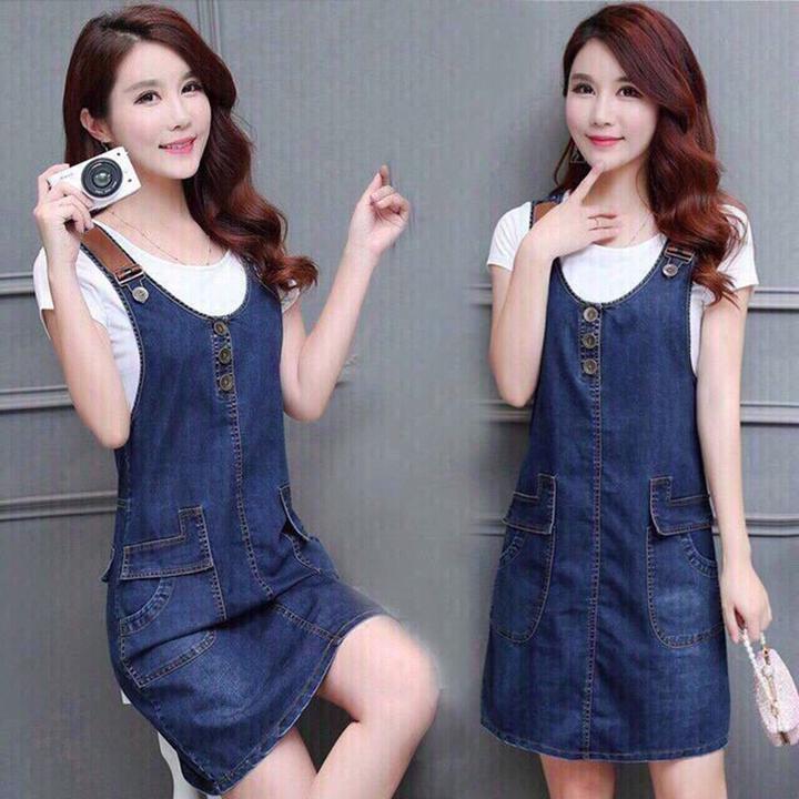 [HCM]Đầm Yếm Jean Nữ Phối Da Nút Ngực Duyên Dáng