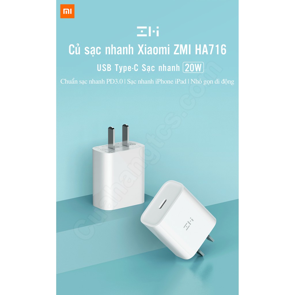 Củ sạc nhanh Xiaomi Zmi HA716 Type C 20W PD3.0 chuyên cho  đạt chứng nhận MFI- - qq1