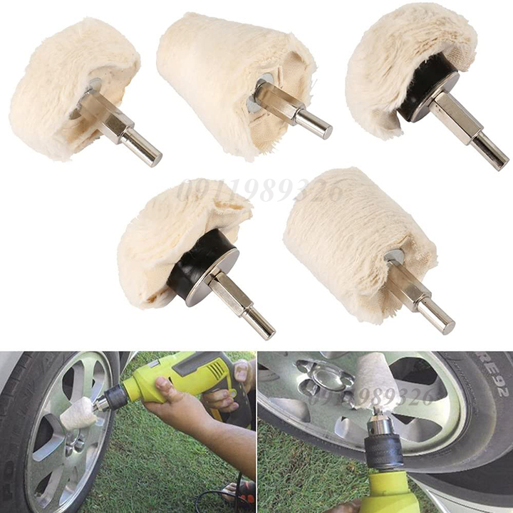 Bộ 5 đầu phớt lông cừu gắn máy khoan đánh bóng xe - Phớt đánh bóng ô tô xe máy inox - Chổi đánh bóng