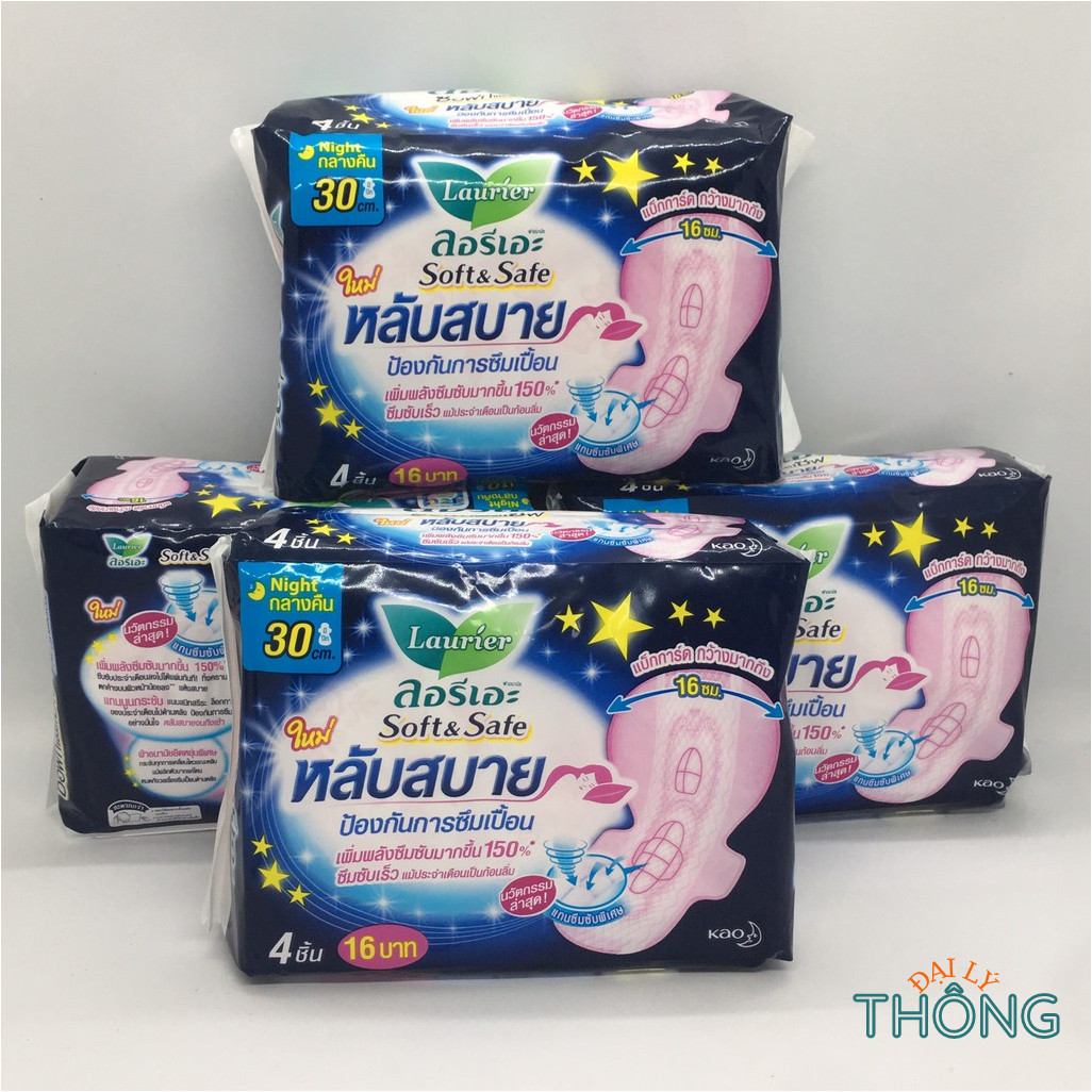 Băng Vệ Sinh Ban Đêm LAURIER Soft &Safe 30cm (4 Miếng/Gói) Thái Lan