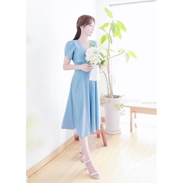 Đầm xòe xanh phối tay sen ms46