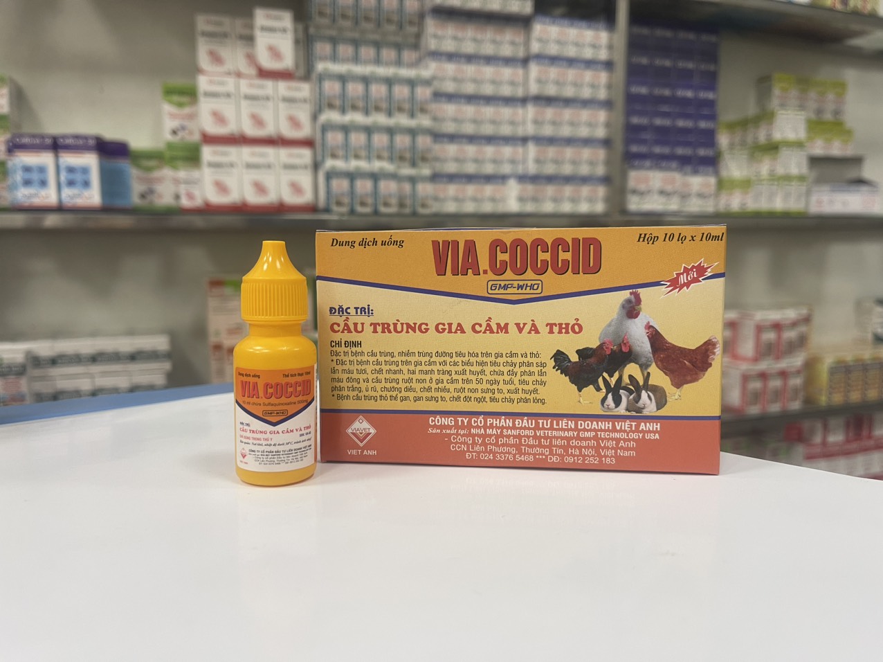 VIACOCCID Cầu trùng, nhiễm trùng đường tiêu hóa trên gia cầm và thỏ. coccid tiêu chảy phân trắng, ủ rũ, chướng diều, chết nhiều, ruột non sưng to, xuất huyết.