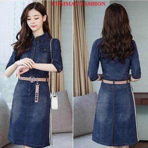 [HCM]CAO CẤP Đầm Jean Cổ Bẻ Phối Sọc 3802