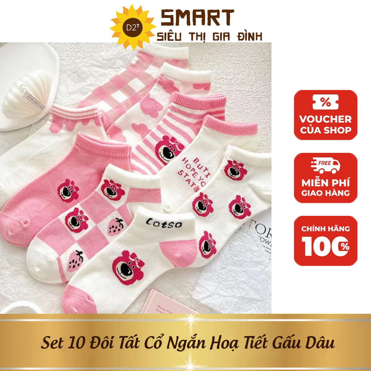 Set 10 đôi tất cổ ngắn hoạ tiết gấu dâu hồng
