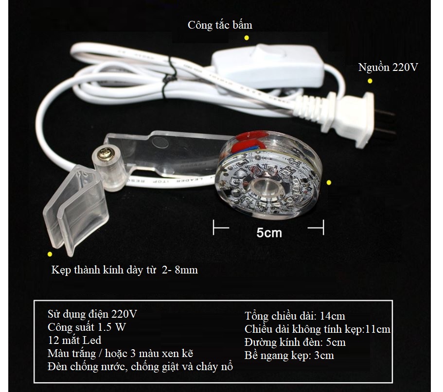 Đèn Led kẹp bể cá tròn, miệng vòm khó gắn đèn thường