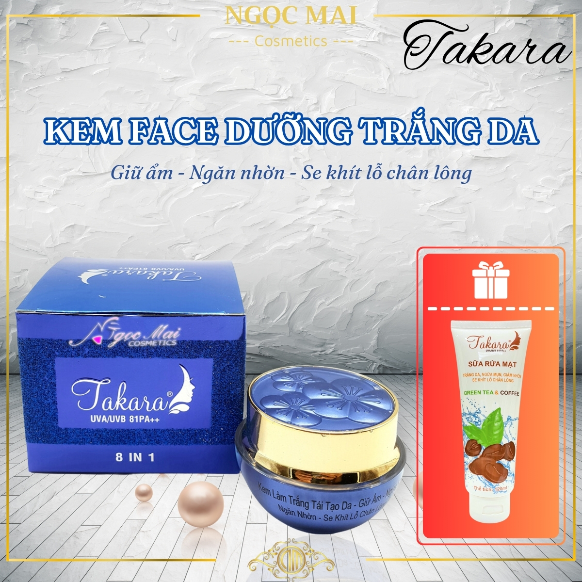 Kem dưỡng trắng da TAKARA 8 in 1 tái tạo da dưỡng ẩm ngừa nhăn da ngăn nhờn se khít lỗ chân lông 15g + Tặng Sữa Rửa Mặt Takara