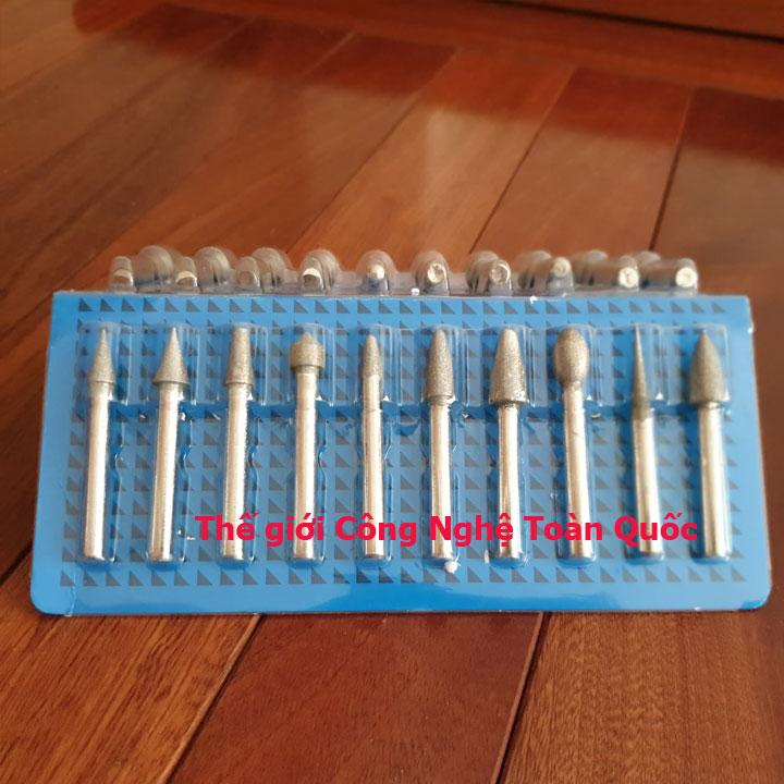 Bộ 10 mũi mài chạm khắc phủ kim cương chân 6mm dùng cho khoan đa năng mini cầm tay hoặc máy khoan pin - mũi mài chân 6ly - mũi mài chân 6mm