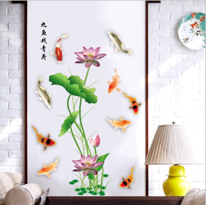 Decal trang trí dán tường Hoa sen và cá sang trọng GLS110