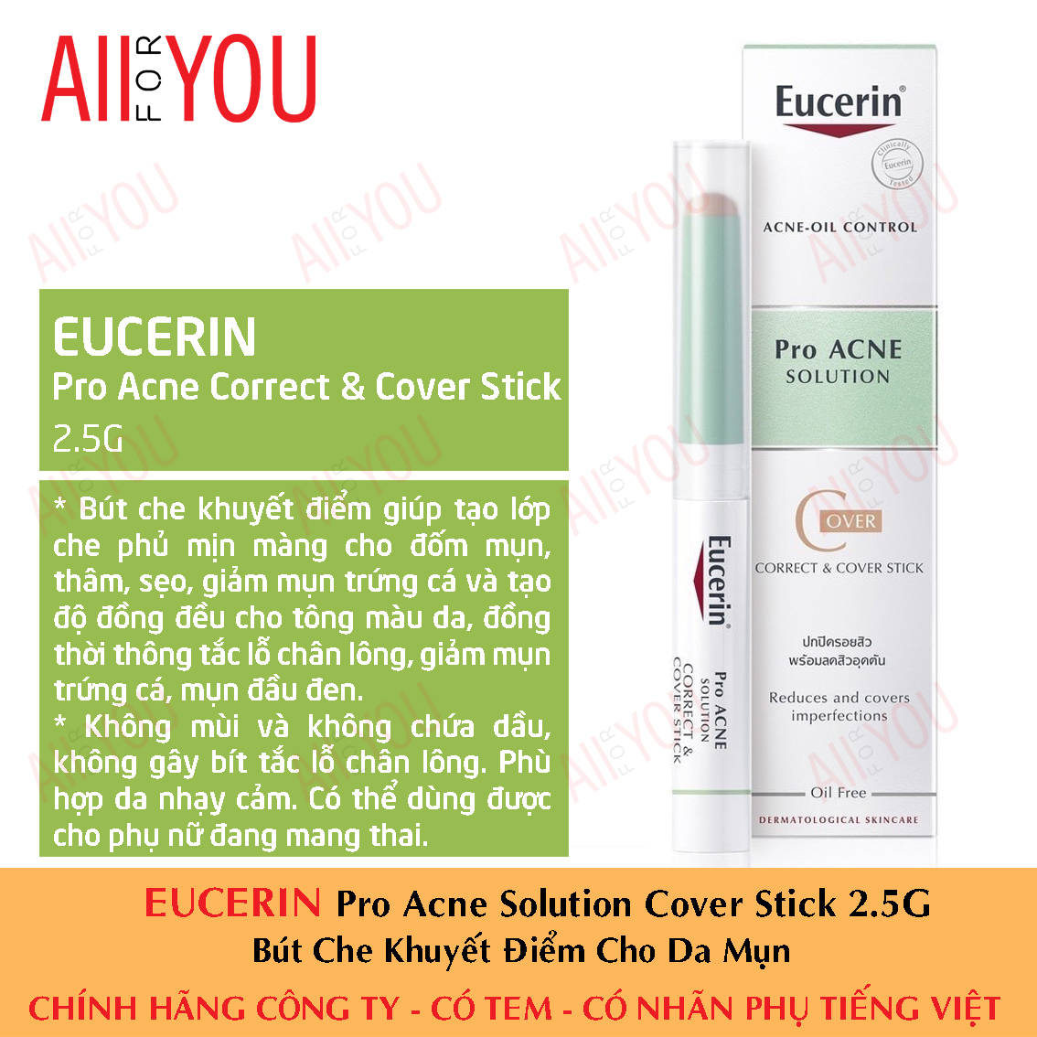 [HCM] [TEM CTY] EUCERIN Pro Acne Solution Correct & Cover Stick 2G - Bút Che Khuyết Điểm Da Mụn.