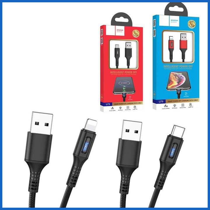 Dây sạc nhanh và tự ngắt Hoco U79 Lightning - micro usb - type C Dài 1.2M
