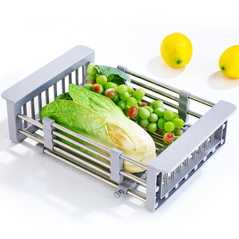 Kệ gác bồn rửa chén có Chót chống trượt Rổ inox rút gọn, Rổ inox gác bồn rửa bát Giá inox đa năng đặt chậu rửa bát rút gọn