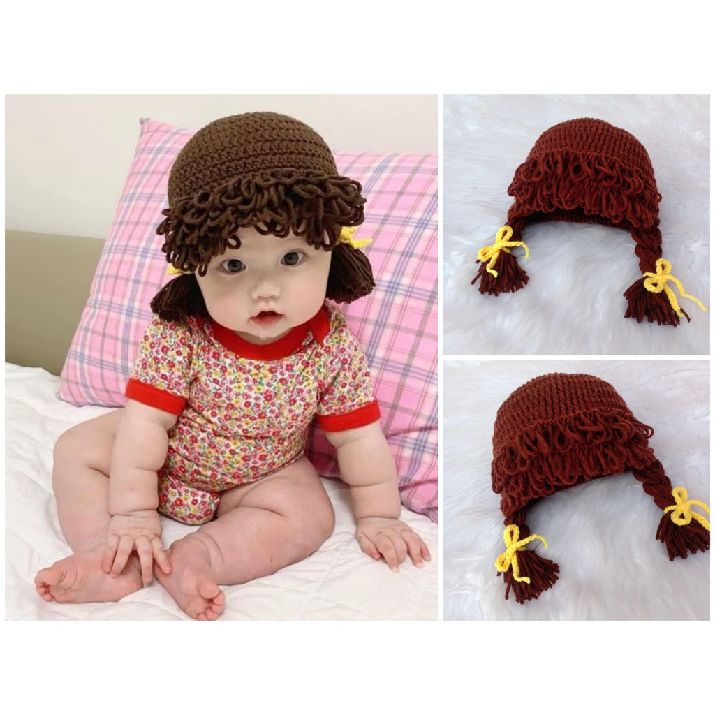 Nón len handmade có 2 bím tóc búi cho bé yêu