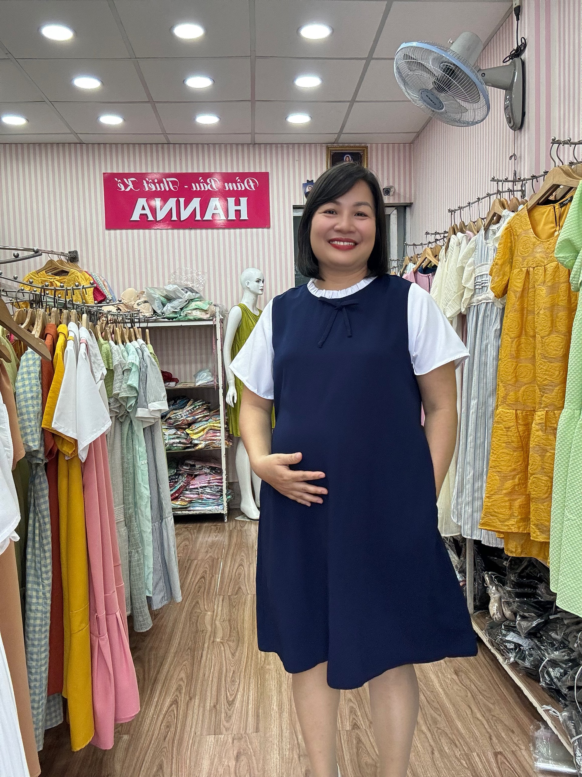 [HANNA] Đầm bầu công sở dáng suông có size 40-80kg đầm dài qua gối vải cao cấp thấm mồ hôi tốt thoáng mát mùa hè không nhăn có 2 túi bên sườn thiết kế