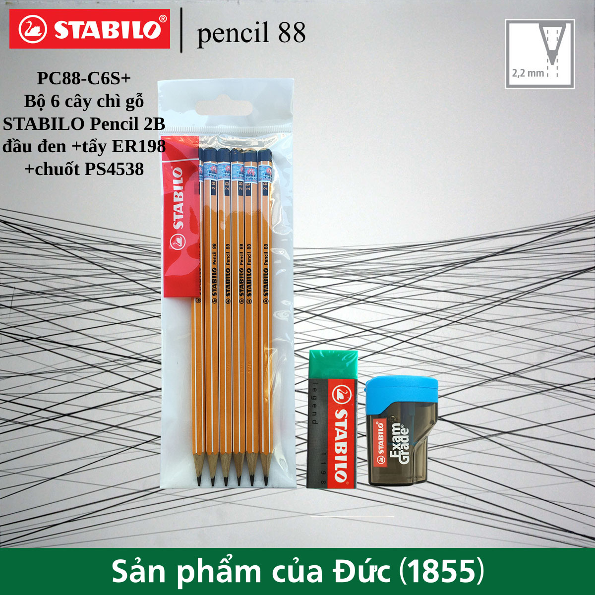 Combo bộ bút chì gỗ STABILO Pencil 2B đầu đen PC88