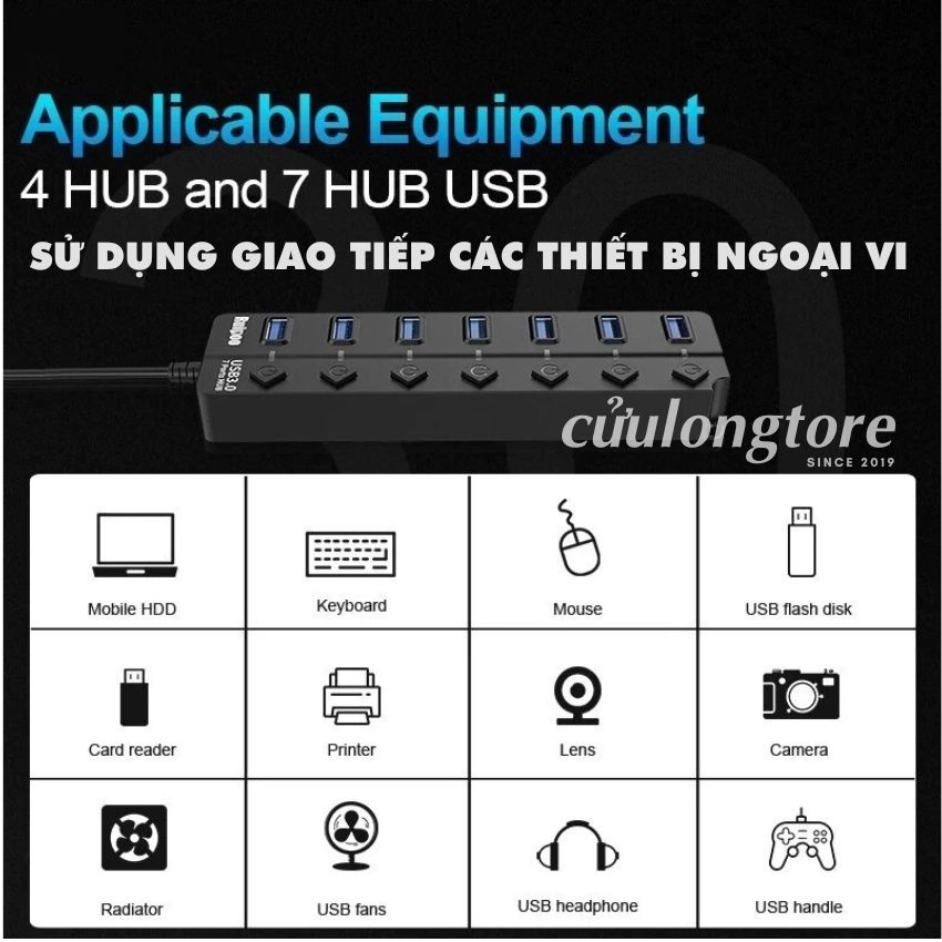 Bộ Chia Cổng USB OTG Hub USB 3.0 cổng USB mở rộng đầu chia USB 1 ra 4 và 7 dây dài cổng công tắc nguồn phụ đèn Led