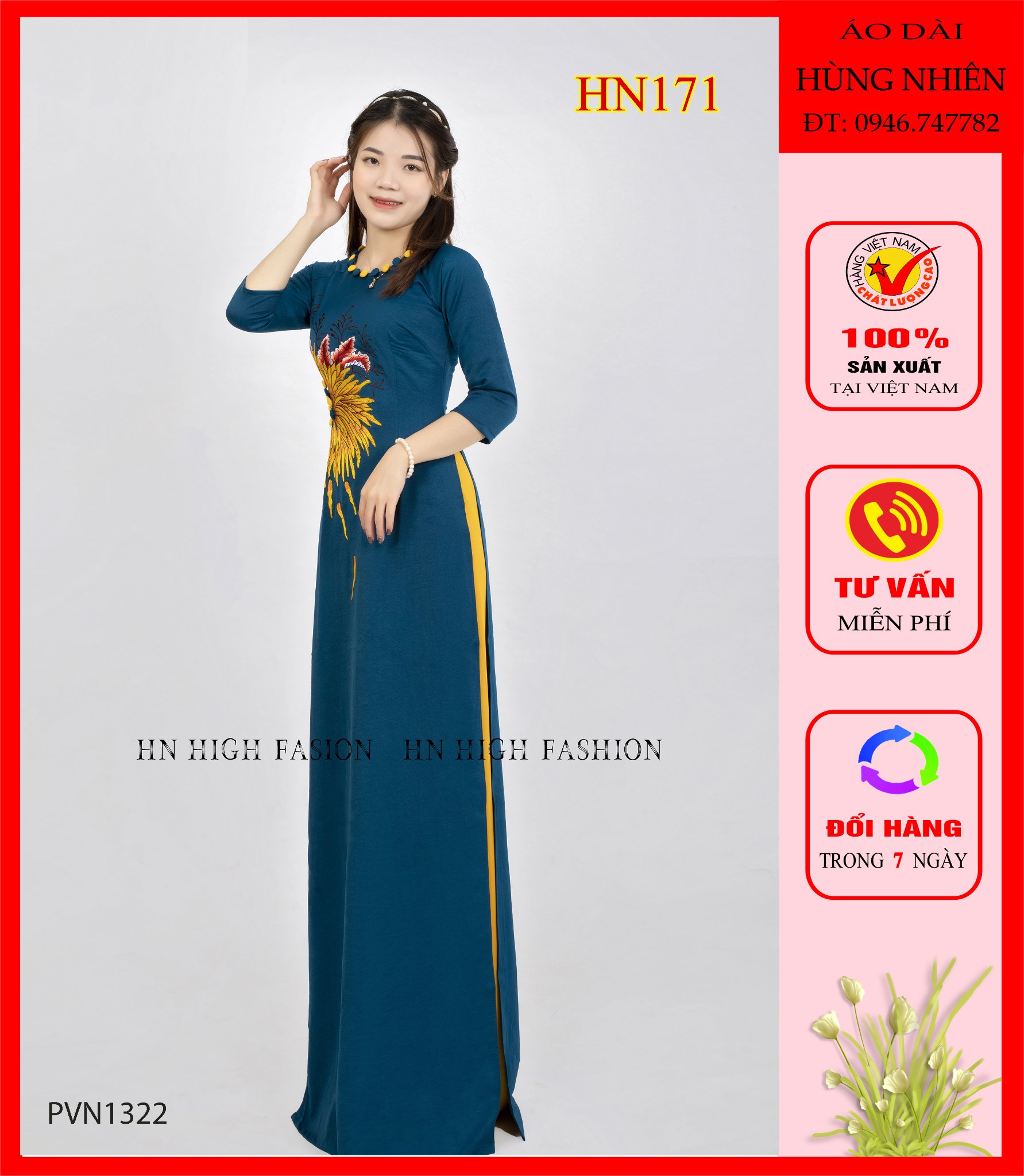 HN171- ÁO DÀI LỤA TÂY THI THÊU HOA NGHỆ THUẬT