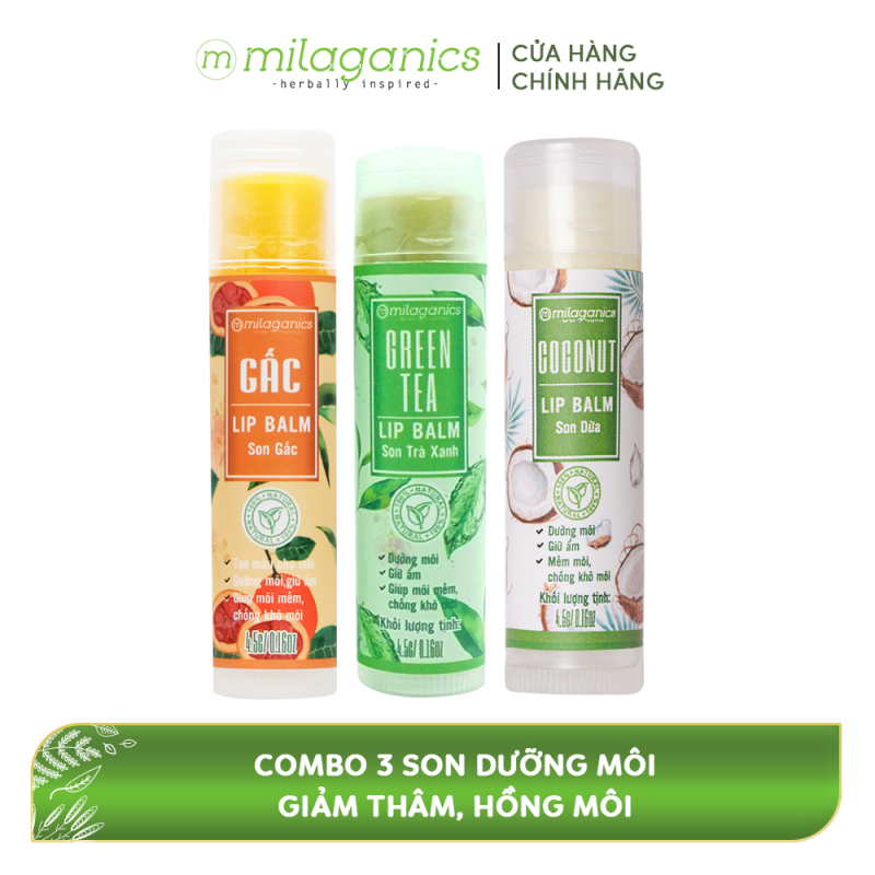 Son Dưỡng Môi, Giảm Thâm, Hồng Môi MILAGANICS (Son Trà Xanh 4.5g + Son Gấc 4.5g + Son Dừa 4.5g) Combo 3