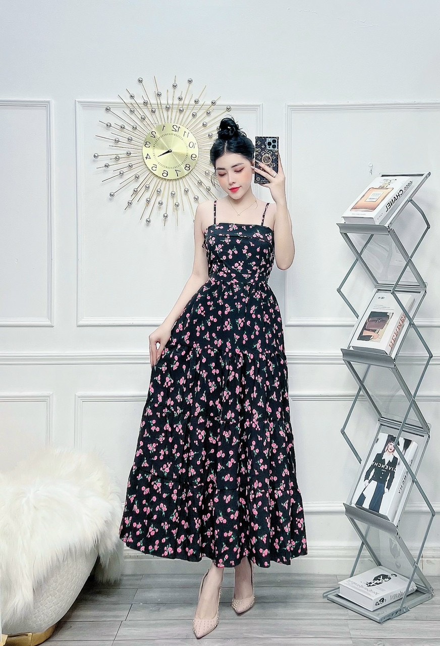 Đầm hai dây gấp ngực maxi hoa