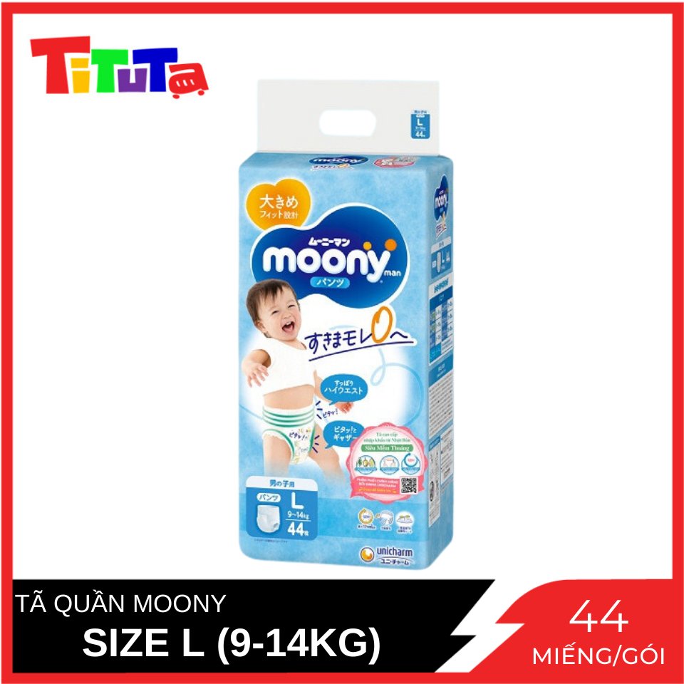 Tã Quần Moony Cao Cấp Bé Trai Size L (9 - 14KG) (Xanh) Gói 44 Miếng