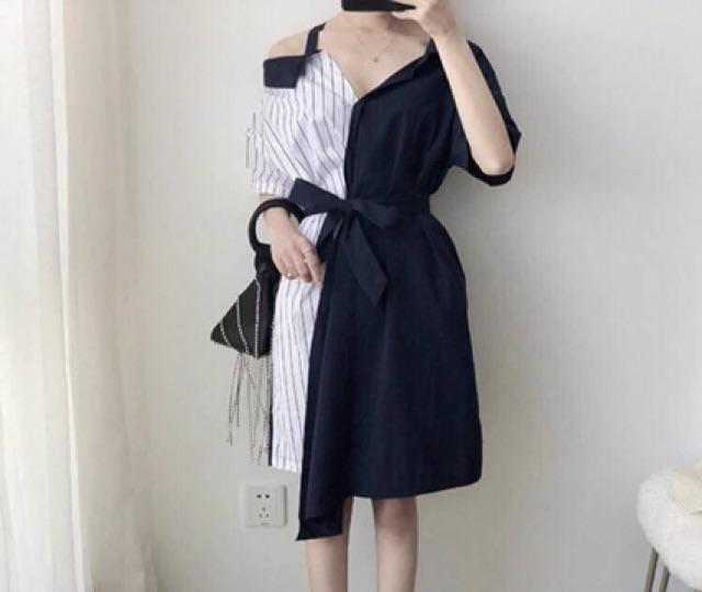 [HCM]Đầm mix xanh sọc (kèm hình thật)