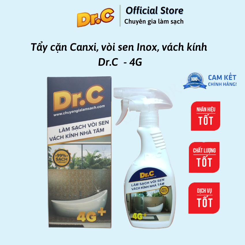 Siêu tẩy cặn canxi nhà tắm, tẩy sạch vòi inox, đốm nước trên vách kính, bồn sứ, gạch men, Dr.C, Chính hãng, Chai 300ml