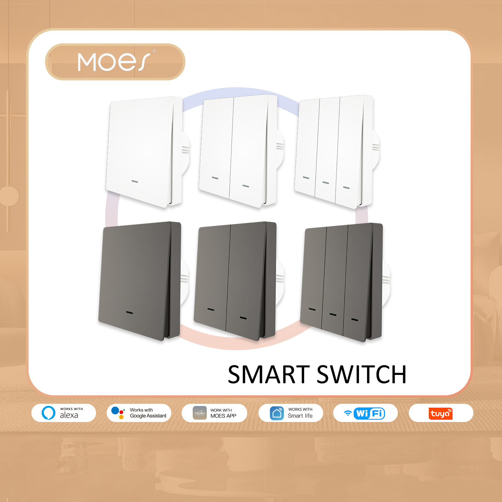 MOES WiFi Smart Push Button Switch 2-Way RF433 Wall Panel Transmitter Kit Smart life Tuya App Control Works with Alexa Home