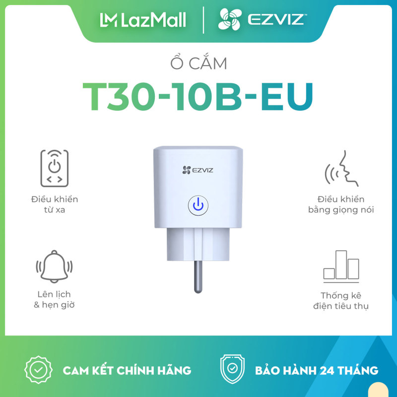 Bảng giá Ổ cắm wifi Ezviz T30-10B-EU và T30-10A-EU, Ổ cắm Ezviz T30 kết nối wifi, Đo điện năng tiêu thụ, từ xa qua app điện thoại, hẹn giờ tắt mở, điều khiển bằng giọng nói - Hàng Chính Hãng