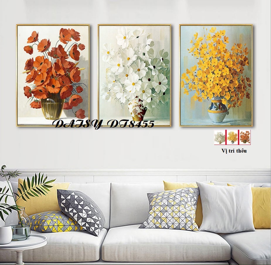 Tranh thêu bộ 3 bình hoa nghệ thuật DT8455 kích thuớc 146x65cm
