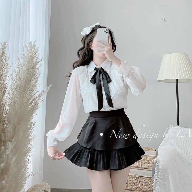 Áo sơ mi nữ cột nơ viền bèo