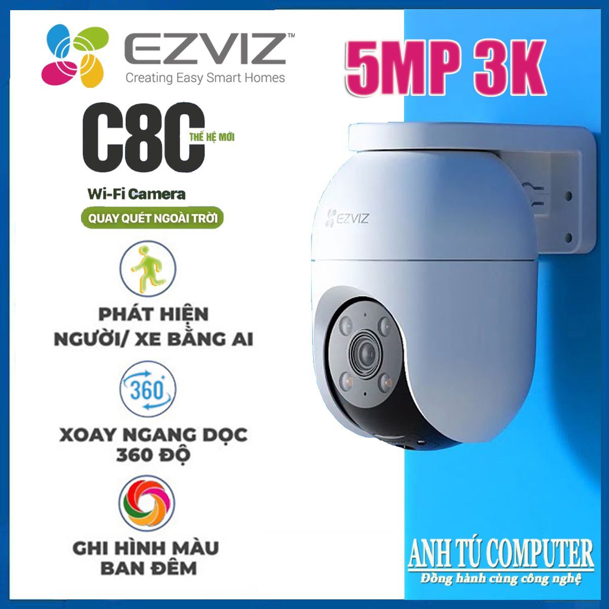 Camera WiFi EZVIZ C8C 3K 5MP, quay quét thông minh