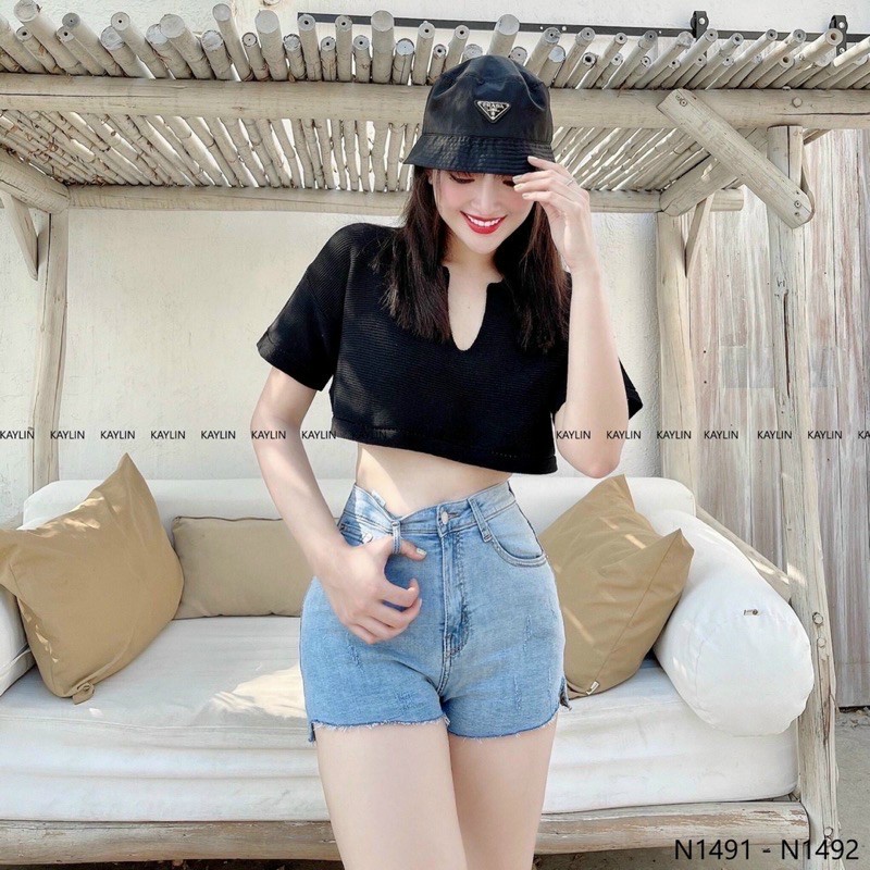 Áo croptop nữ trơn kiểu cổ sơ mi
