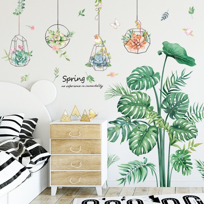 Decal  dán tường tán cây và những giỏ hoa