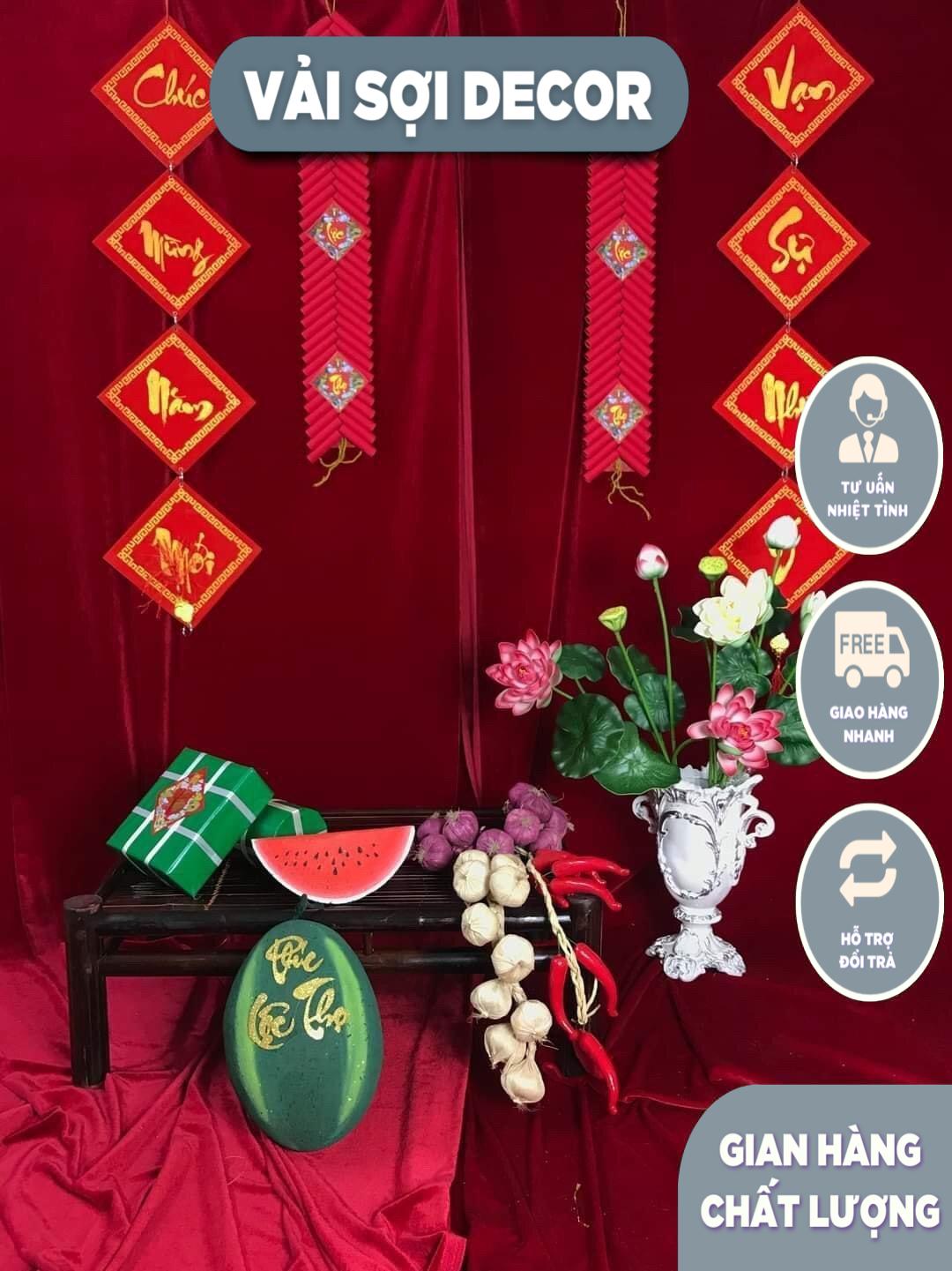 Vải nhung màu xanh rêu và đỏ cờ ( vai nhung 5m x 1,5m)