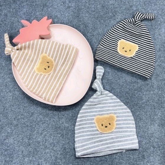 Mũ Nỉ Sơ Sinh Hình Gấu Kẻ Cho Bé 0-6 Tháng