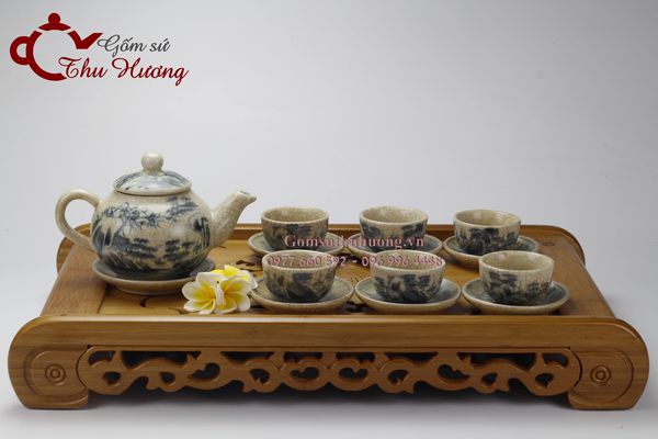 Bộ ấm chén Bát Tràng men rạn giả cổ dáng Hồng