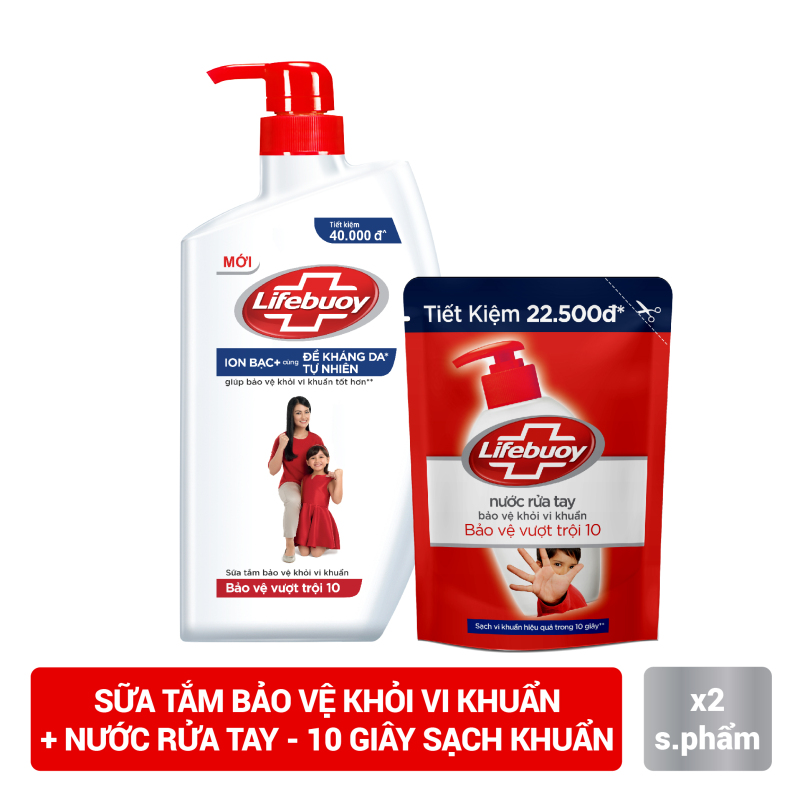 Combo Sữa Tắm Và Nước Rửa Tay Sạch Khuẩn Lifebuoy Bảo Vệ Vượt Trội 10 (850g + 450g) nhập khẩu