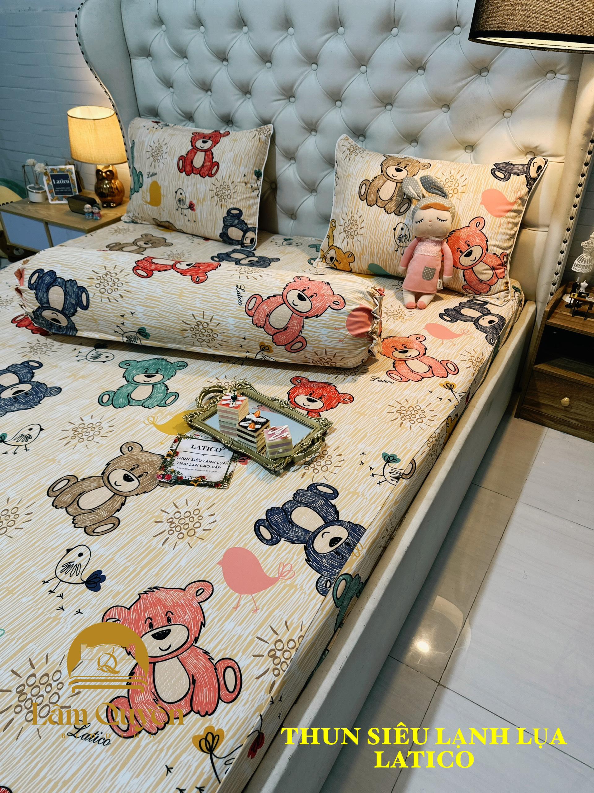 Bộ ga giường thun Latico siêu lạnh Lụa (áo gối ôm khóa kéo) mẫu Gấu sắc màu