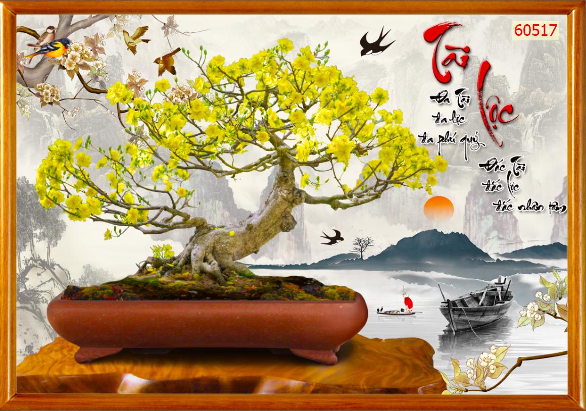 Tranh dán tường 3d  cây mai  ngày tết khổ dọc tranh đứng trang trí nhà cửa phòng khách phòng ngủ chất liệu decal pp keo sẵn bóc dán PA