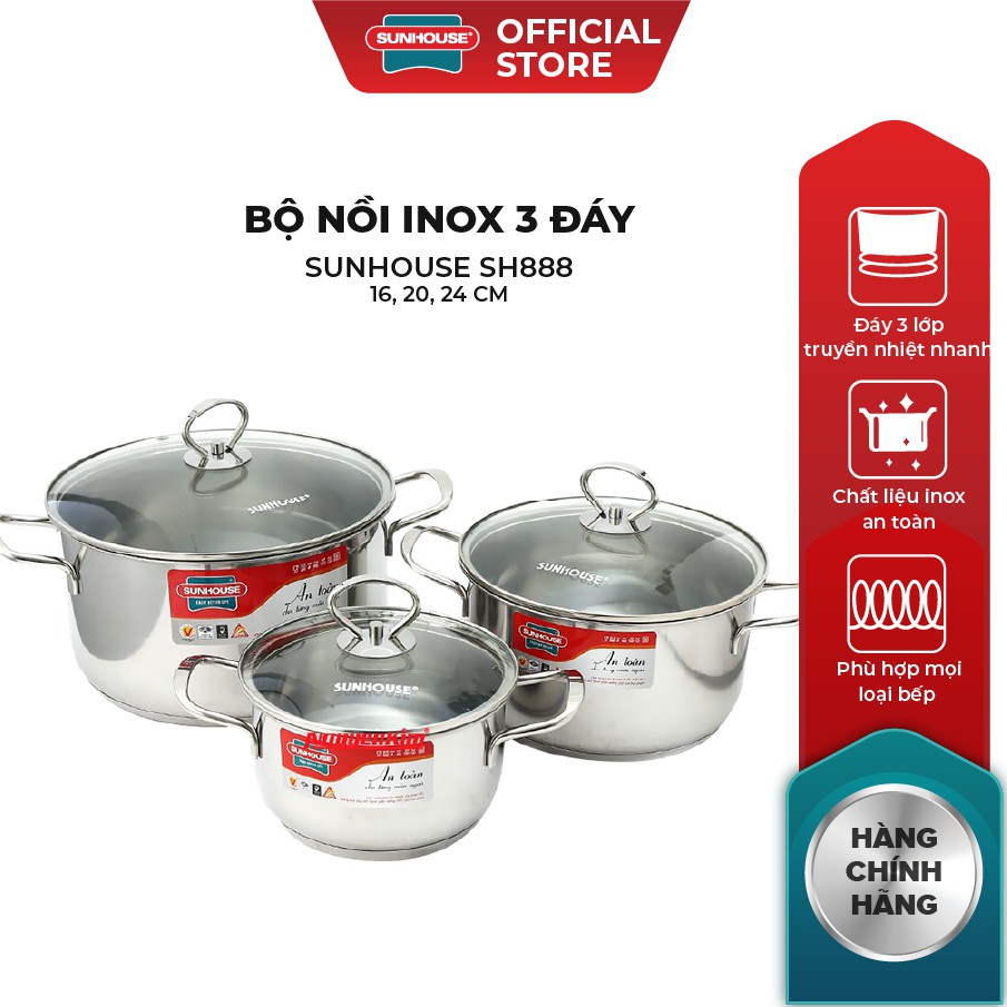 Bộ nồi inox 5 đáy quai đũa cao cấp Sunhouse SH888
