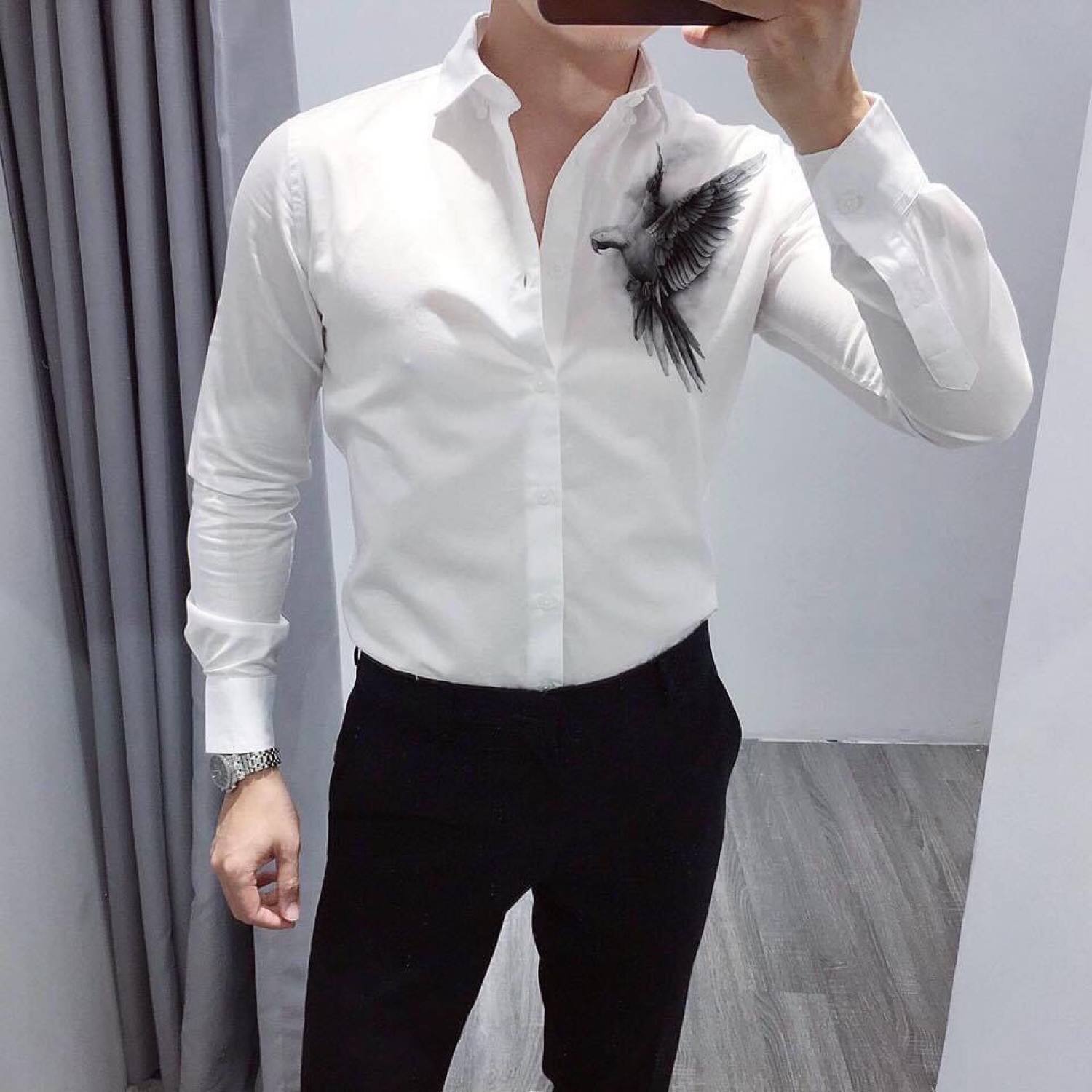 Áo sơ mi nam nữ dài tay unisex basic trơn form rộng màu trắng in hoạ tiết , áo vải nam từ bakara shop