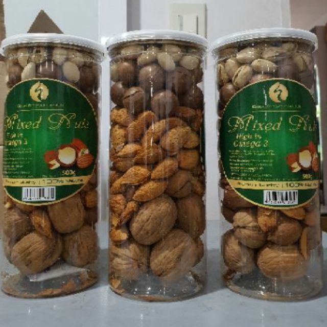 [HCM]Mix 6 loại hạt còn vỏ (hạnh nhân, óc chó, macca, dẻ, hồ đào, thông) hũ 500gr